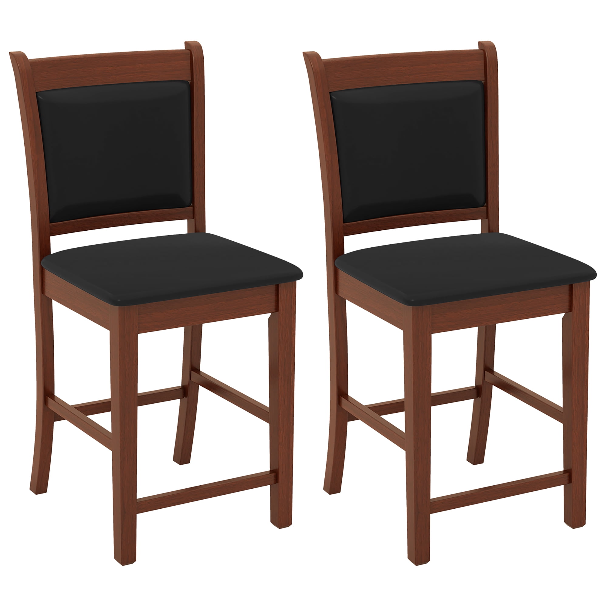 Brown Rubber Wood and Black PVC Leather Counter Stools Set of 2