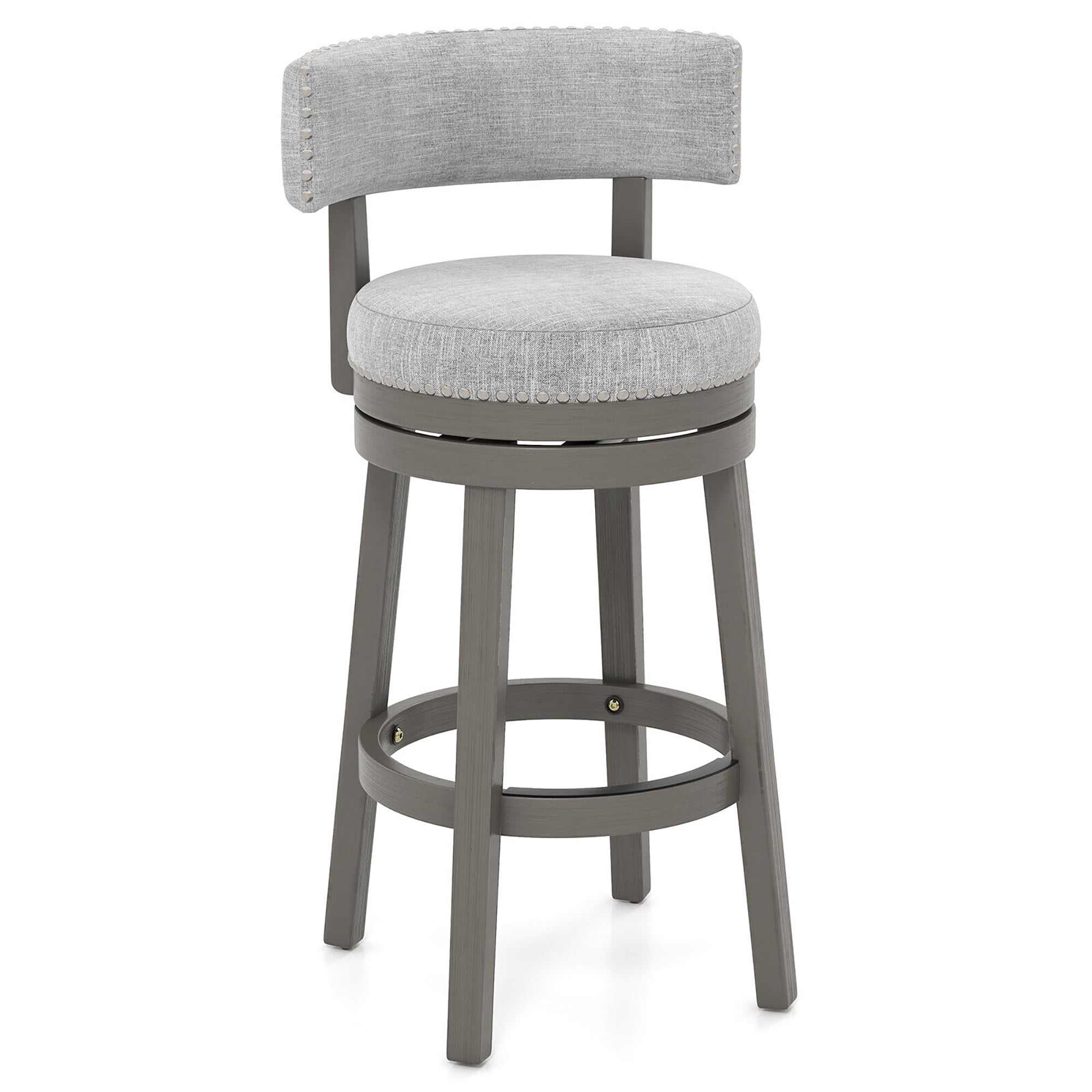 Gray Upholstered Swivel Bar Stool with Rubber Wood Legs