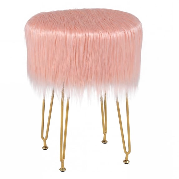Gymax Vanity Chair Makeup Stool Furry Padded Seat Round Ottoman Pink