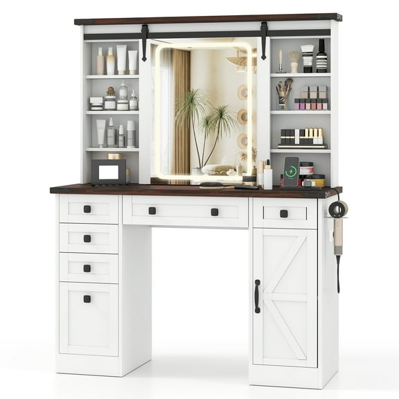 Gymax Vanity Desk w/Touch Screen Mirror Farmhouse Dressing Table w/Charging Station