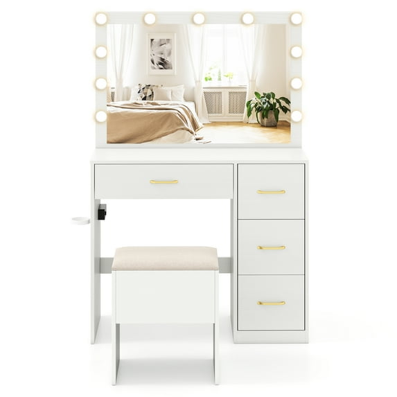 Gymax Vanity Desk with Mirror & Lights Dressing Table w/ Storage Stool Makeup Table