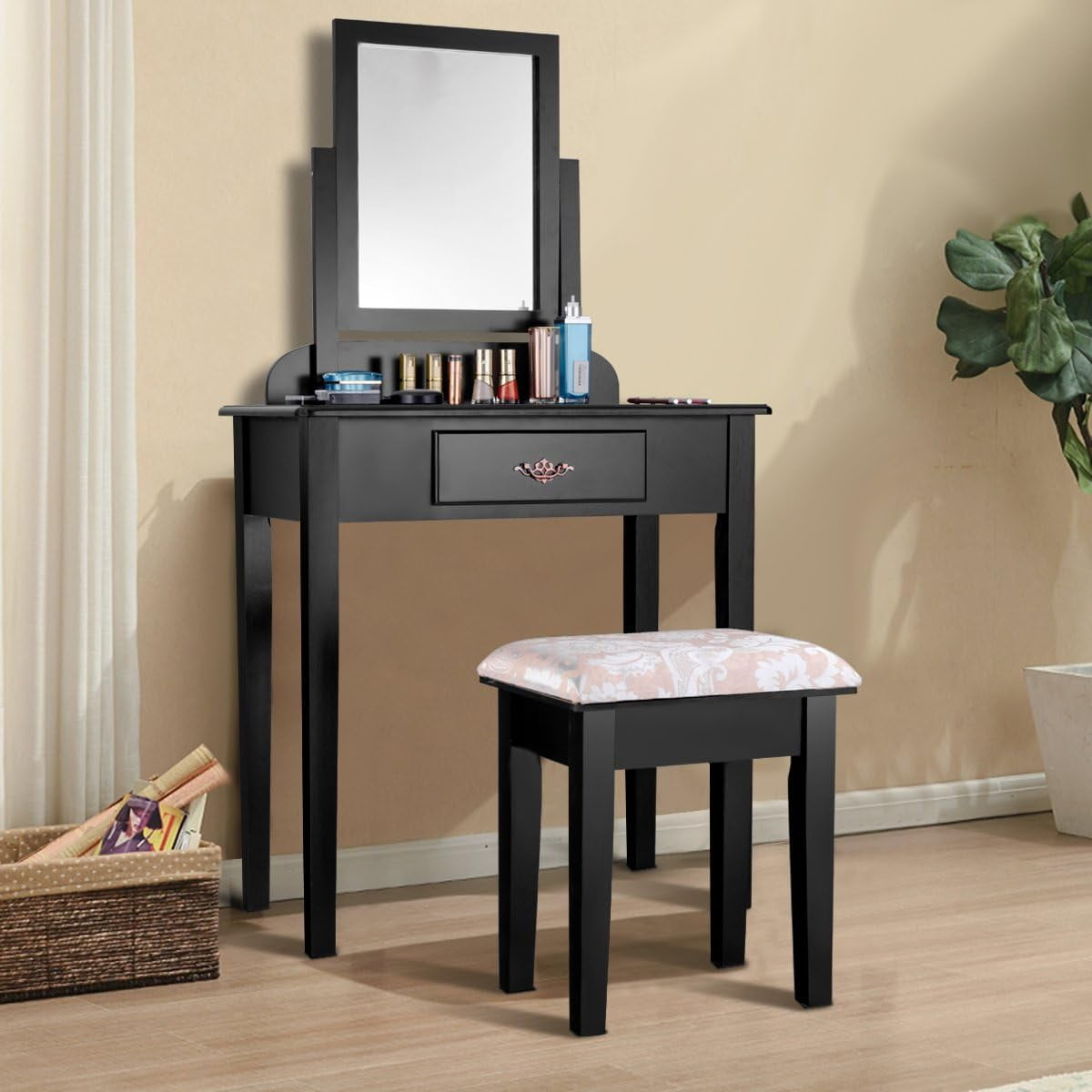 Gymax Vanity Dressing Desk Makeup Table Square Stool 1 Large Drawer Black