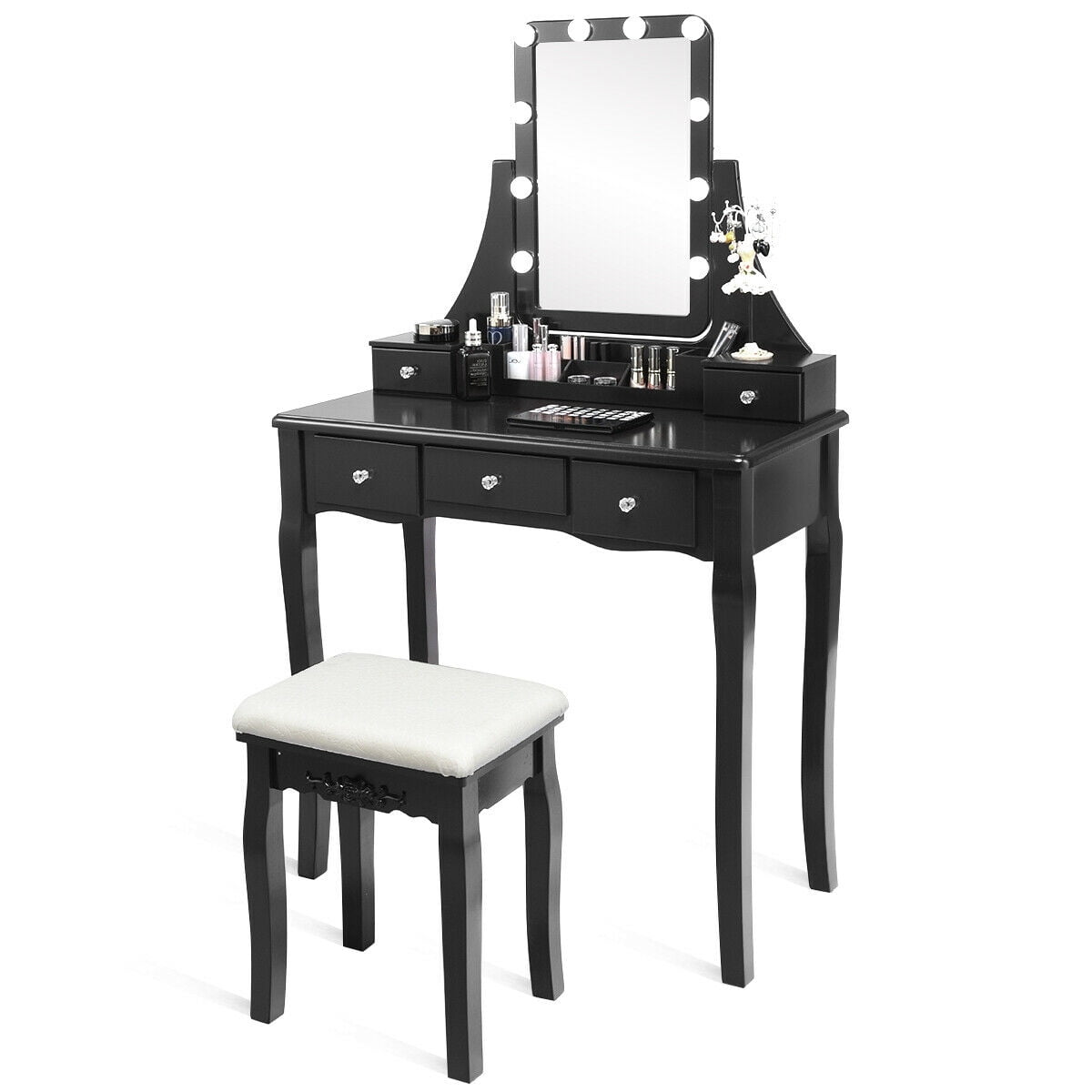 Gymax Vanity Dressing Table Set w/ 10 Dimmable Bulbs Touch Switch & Removable Box Black