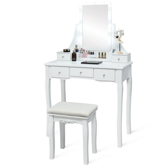 Gymax Vanity Dressing Table Set w/ 10 Dimmable Bulbs Touch Switch & Removable Box White
