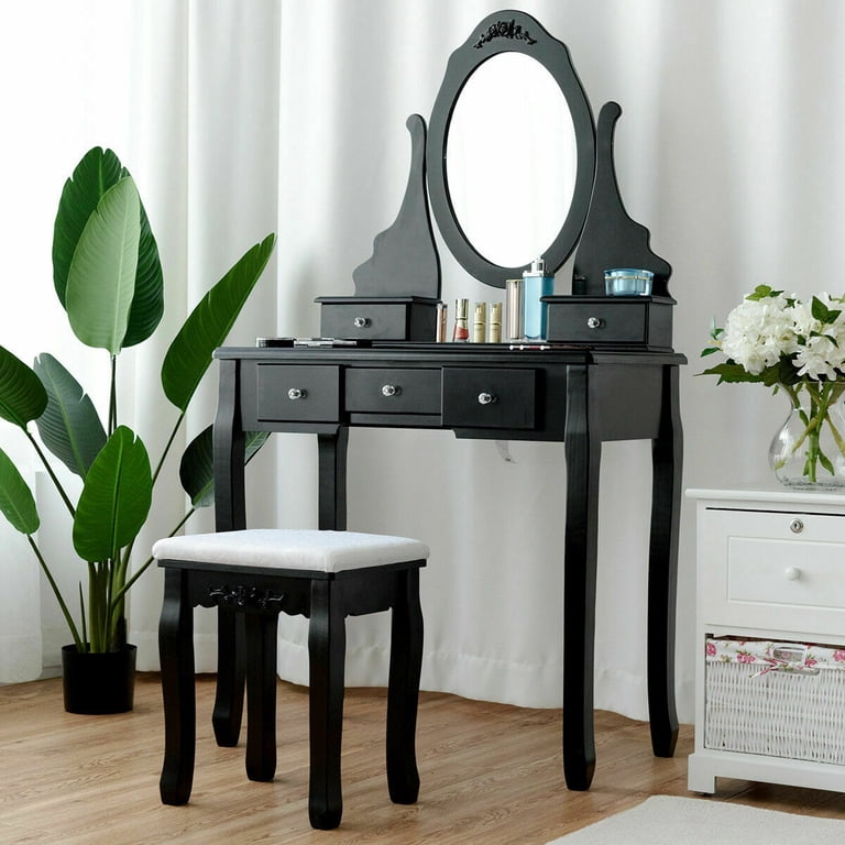 Wooden Vanity Set with 360? Rotating Oval Mirror and Cushioned Stool-Black