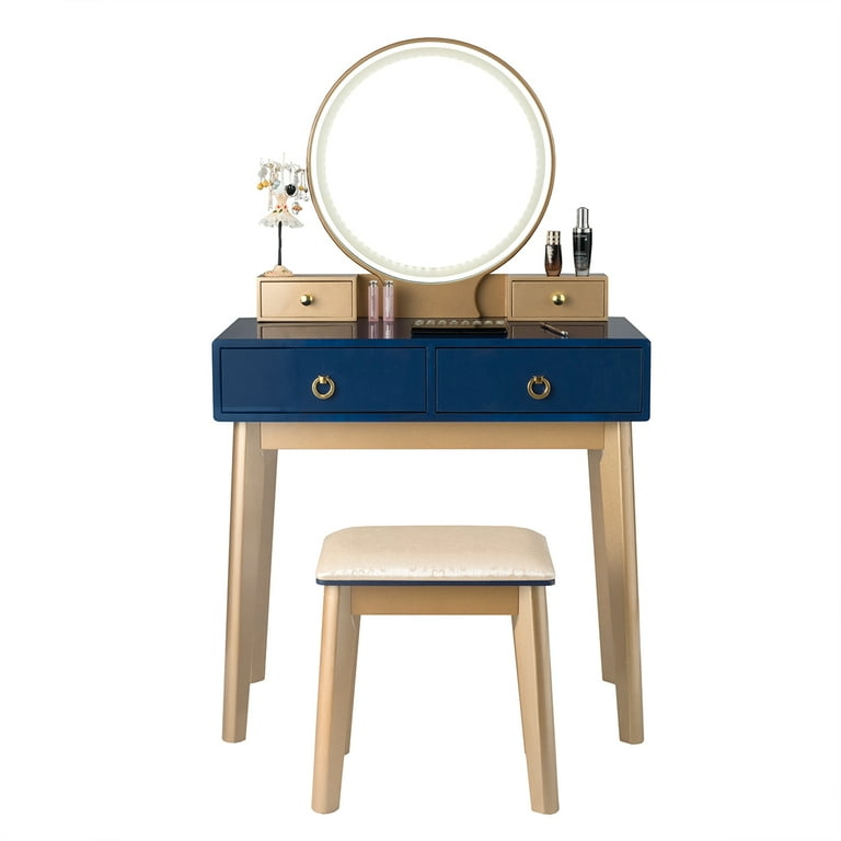 Gymax Vanity Makeup Dressing Table Set w/ Touch Screen Dimming Mirror Navy  Blue