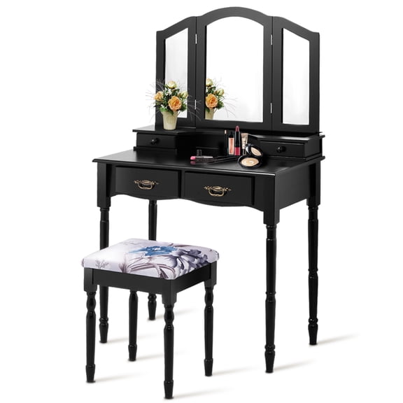 Gymax Vanity Makeup Dressing Table Stool Set w/ Folding Mirror 4 Drawers Black