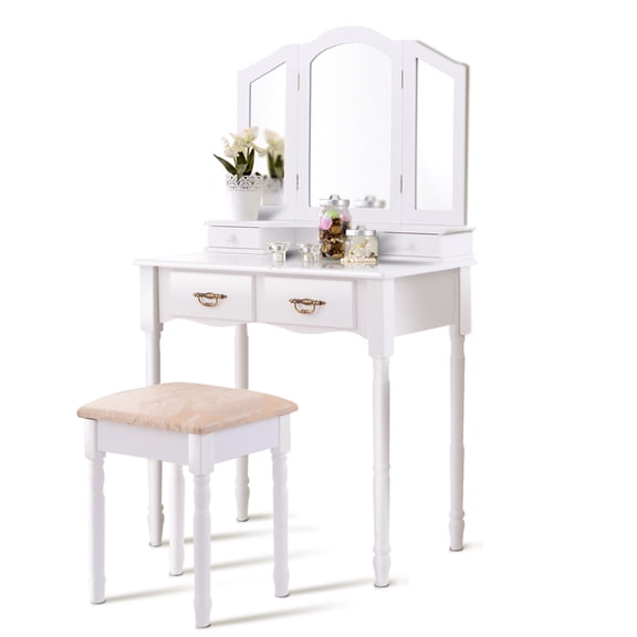 Gymax Vanity Makeup Dressing Table Stool Set w/ Folding Mirror 4 Drawers White