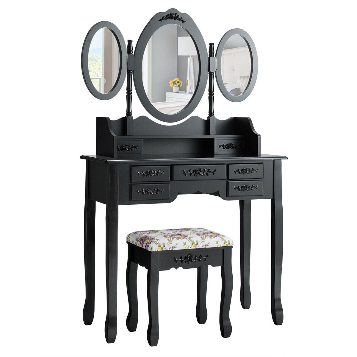 Gymax Vanity Makeup Set with 7 Drawer TriFolding Mirror Dressing Table