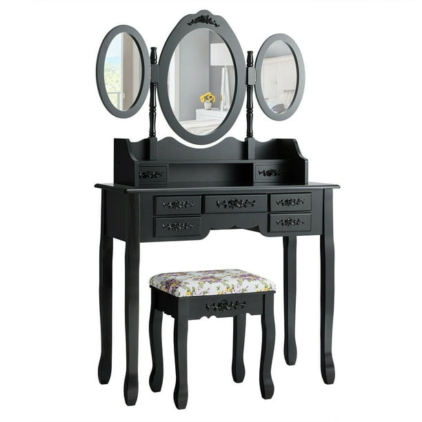 Gymax Vanity Makeup Set with 7 Drawer TriFolding Mirror Dressing Table
