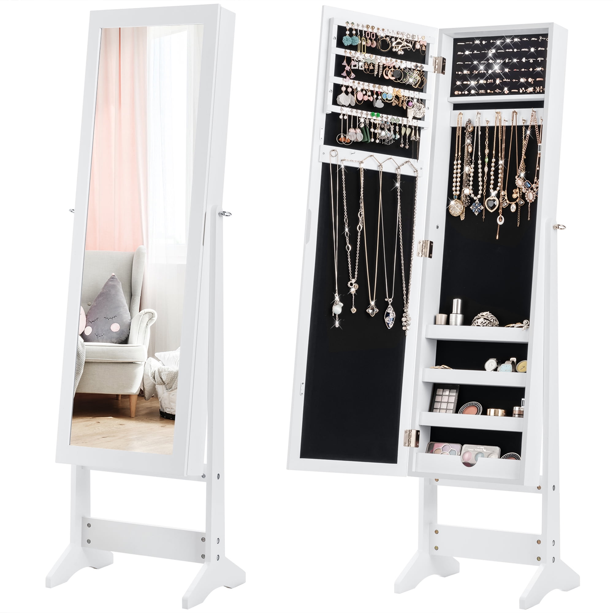 Gymax Vanity Mirror Tilting Jewelry Cabinet Organizer Storage Box White