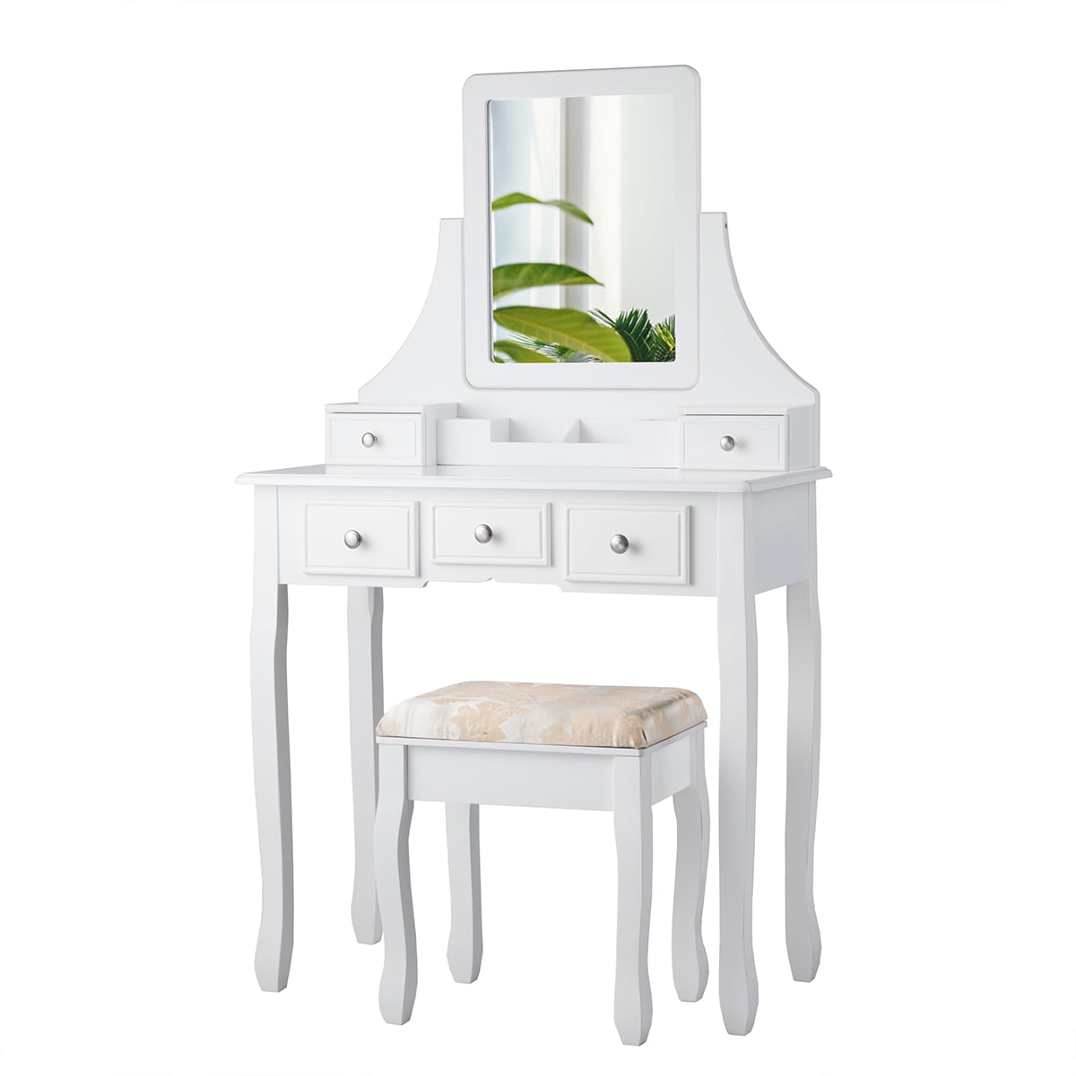 Gymax Vanity Set Makeup Dressing Table & Stool w/5 Drawers White