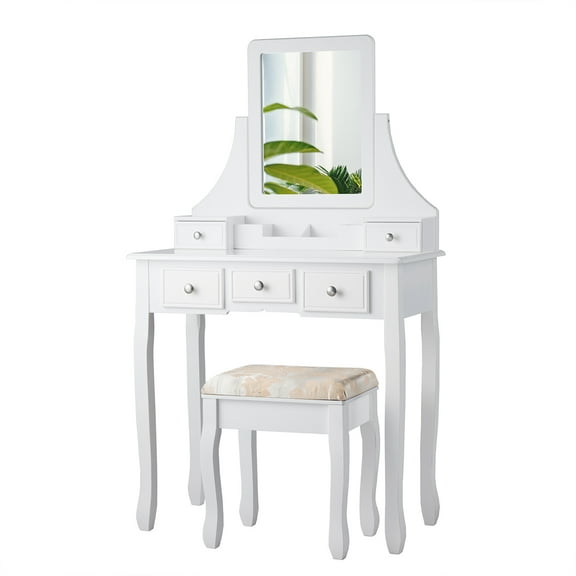 Gymax Vanity Set Makeup Dressing Table & Stool w/5 Drawers White