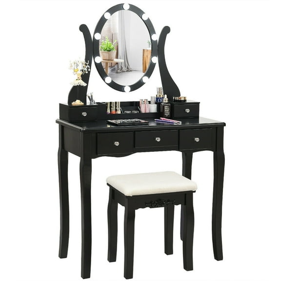 Gymax Vanity Table Set Makeup Dressing Table with10 Light Bulbs and Touch Switch, Black