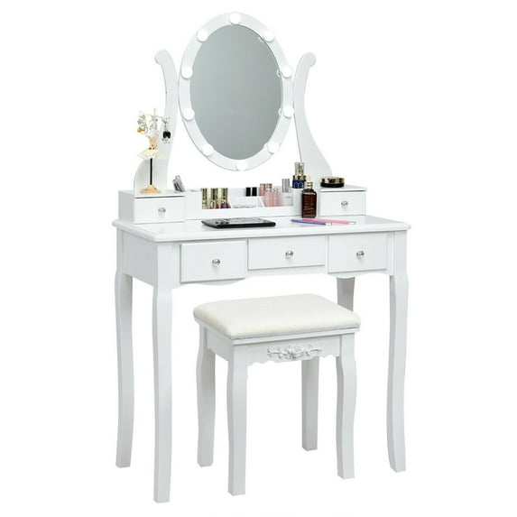 Gymax Vanity Table Set Makeup Dressing Table with10 Light Bulbs and Touch Switch, White