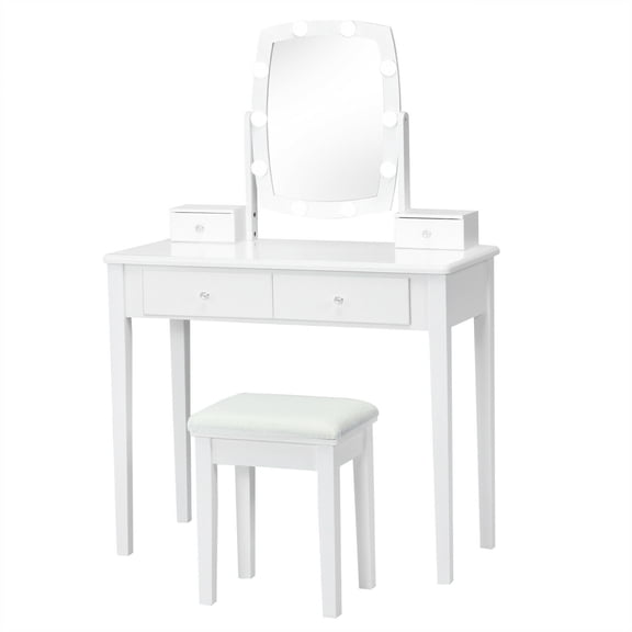Gymax Vanity Table Set with Lighted Mirror Adjustable 10 Bulbs Dresser 4 Drawer White