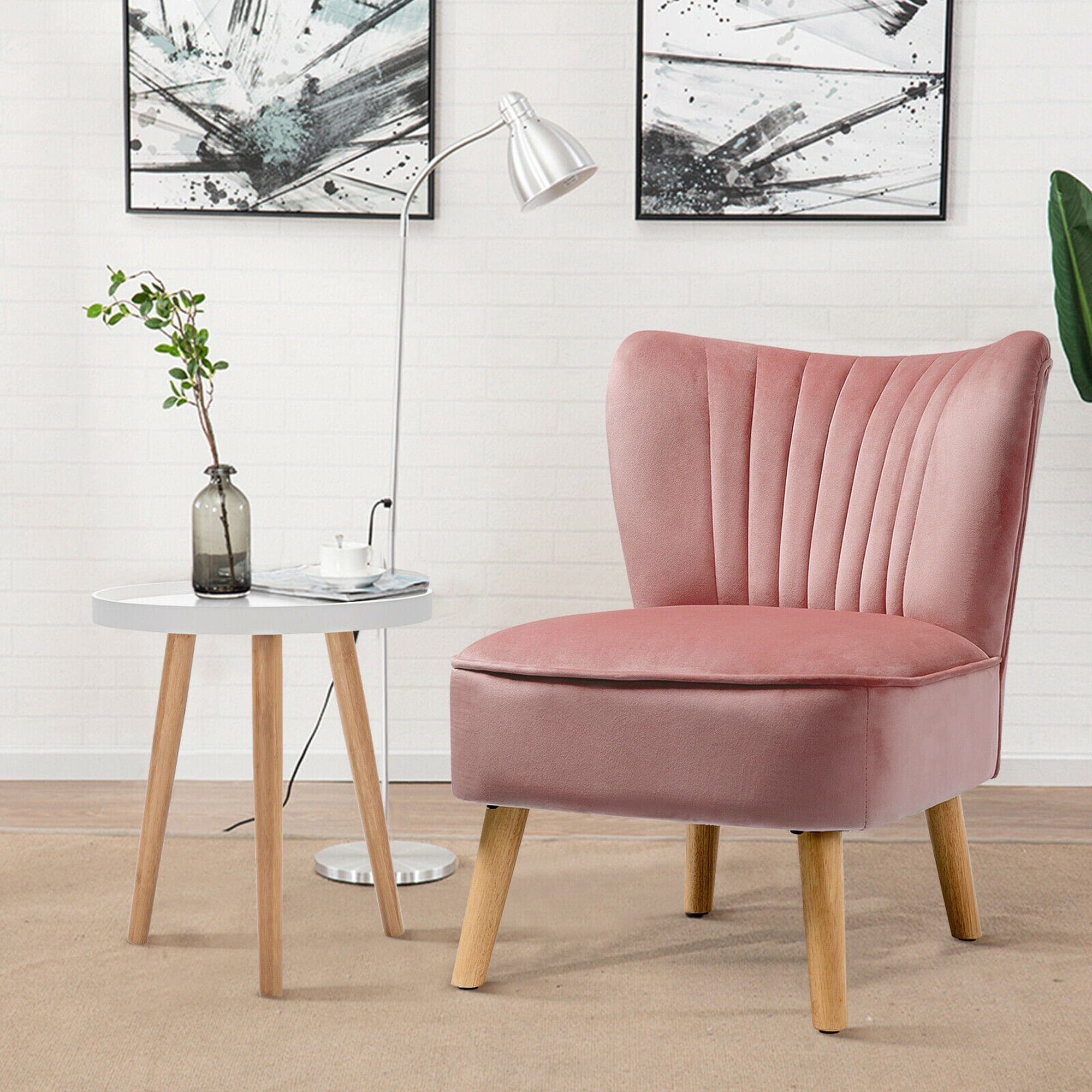Gymax Velvet Sofa and Round Accent Table Set (2 Pieces), Pink & White
