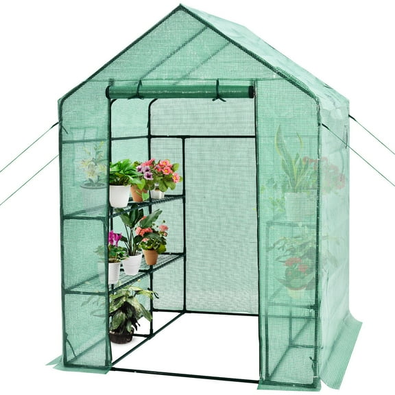 Gymax Walk-in Greenhouse 56''x56''x77'' Gardening w/Observation Windows 2 Tier 8 Shelves