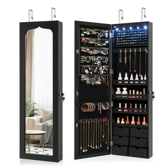 Gymax Wall Door Mounted LED Mirror Jewelry Cabinet Lockable Armoire w/6 Drawers Black