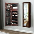 thumbnail image 1 of Gymax  Wall Door Mounted Lockable Jewelry Cabinet Armoire Organizer w/LED Brown, 1 of 10