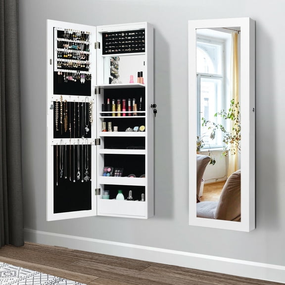 Gymax  Wall Door Mounted Lockable Jewelry Cabinet Armoire Organizer w/LED White