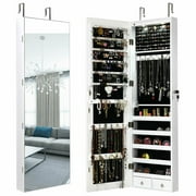 Gymax Wall & Door Mounted Mirrored Jewelry Cabinet Storage Organizer W/ Lights&Drawer White