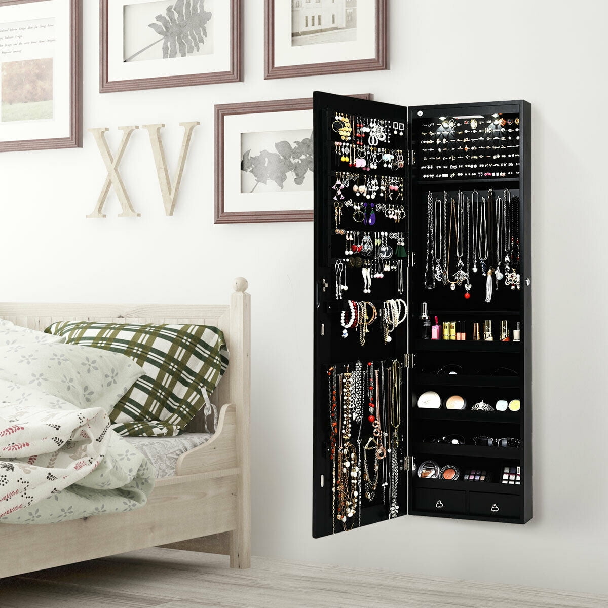 Gymax Wall & Door Mounted Mirrored Jewelry Storage Cabinet Storage with Lights & Drawer Black