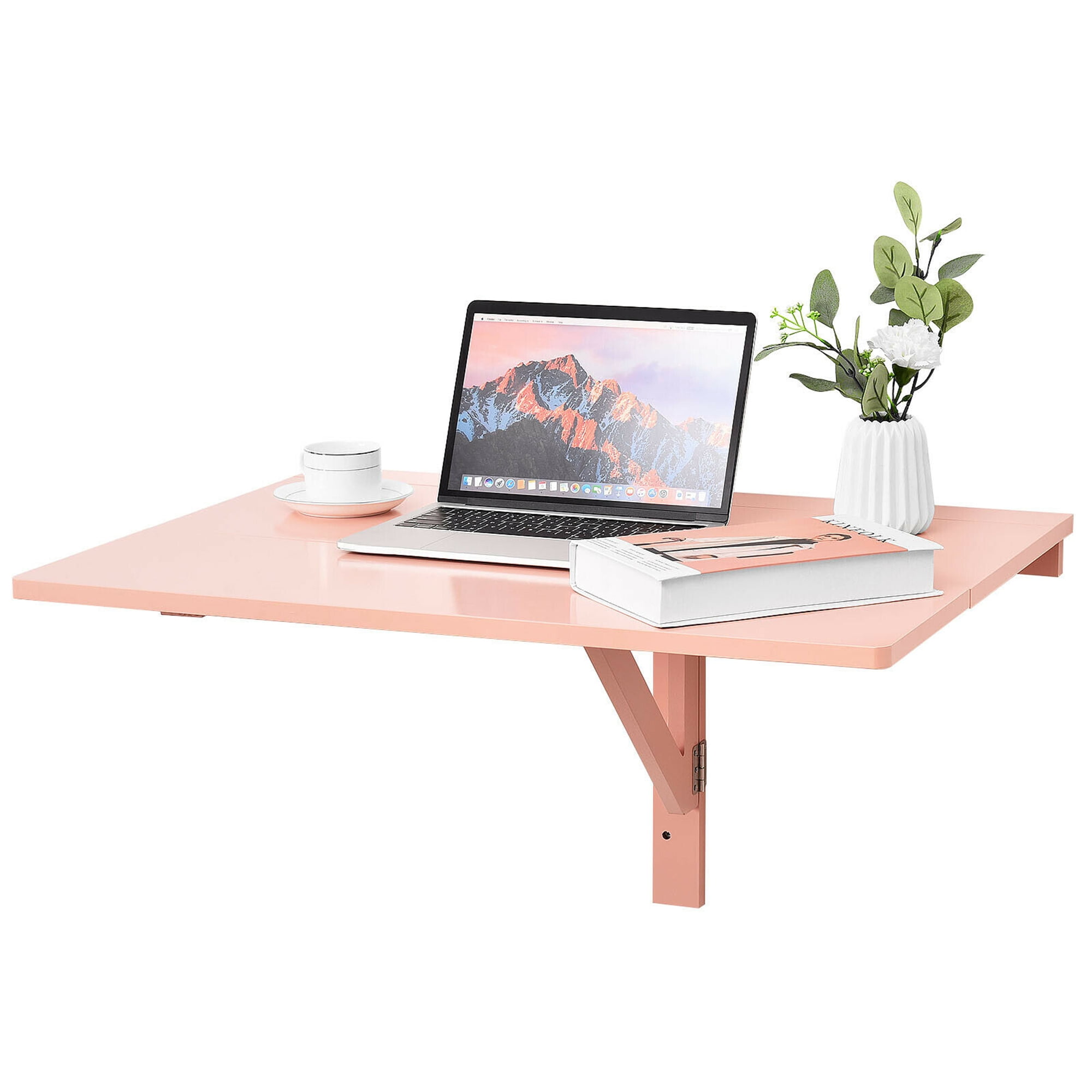 Gymax Wall Mounted Drop Leaf Table Floating Folding Desk Space Saver Pink 0489