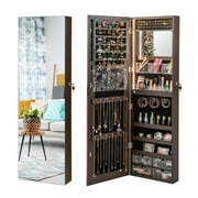 Gymax Wall Mounted Jewelry Cabinet Full-Length Mirror Lockable w/ 3-Color Lights Brown