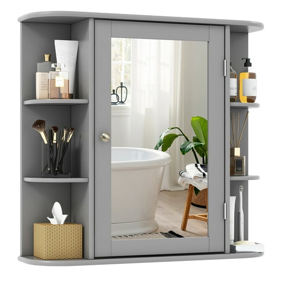 Gymax Wall Mounted Medicine Storage Cabinet Bathroom Organizer Cupboard W/Mirror Gray