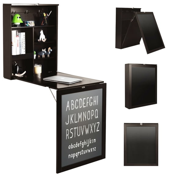 Gymax Wall Mounted Table Fold Out Convertible Desk with A Blackboard/Chalkboard Brown