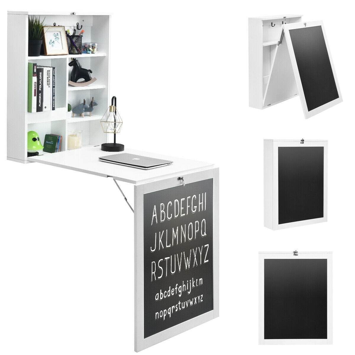 Gymax Wall Mounted Table Fold Out Convertible Desk with A Blackboard/Chalkboard White