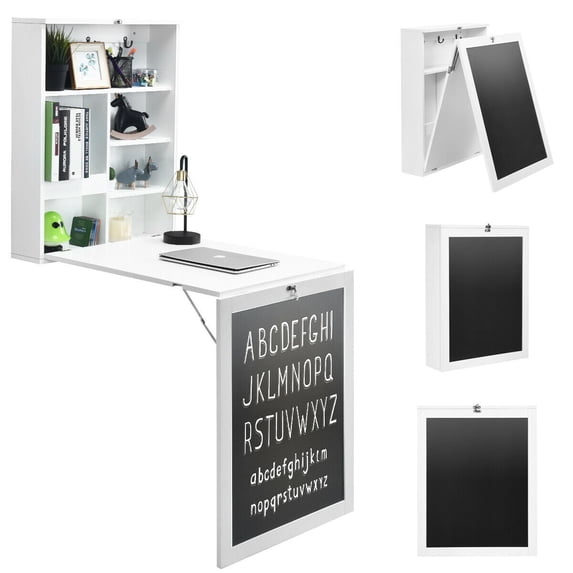 Gymax Wall Mounted Table Fold Out Convertible Desk with A Blackboard/Chalkboard White