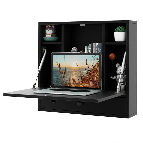 Gymax Wall-mounted Desk Floating Computer Workstation w/ Storage Shelves Home Office Black