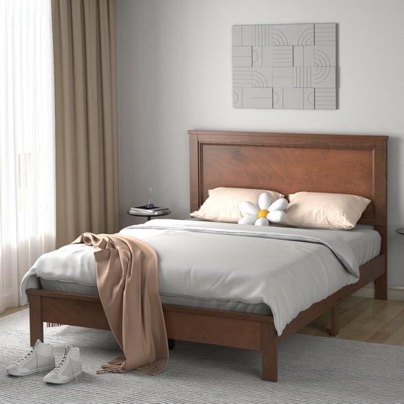 Gymax Walnut Queen Size Bed Frame Platform Slat High Headboard Bedroom Rubber Wood Leg