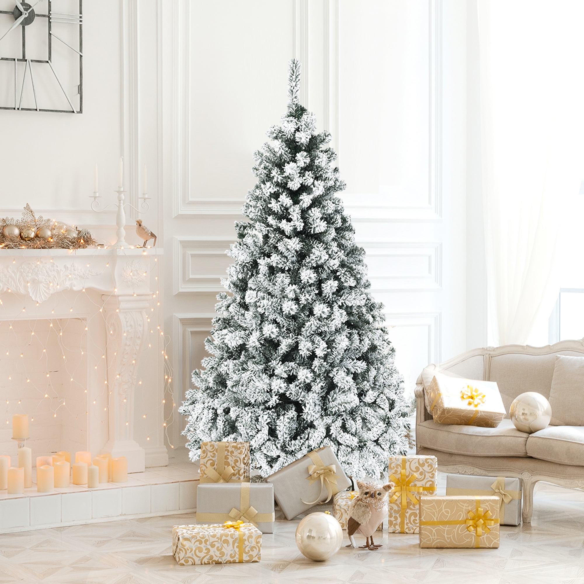 Gymax Warm White Prelit LED Green Snow Flocked Hinged Pine Christmas Tree, with Metal Stand 6'