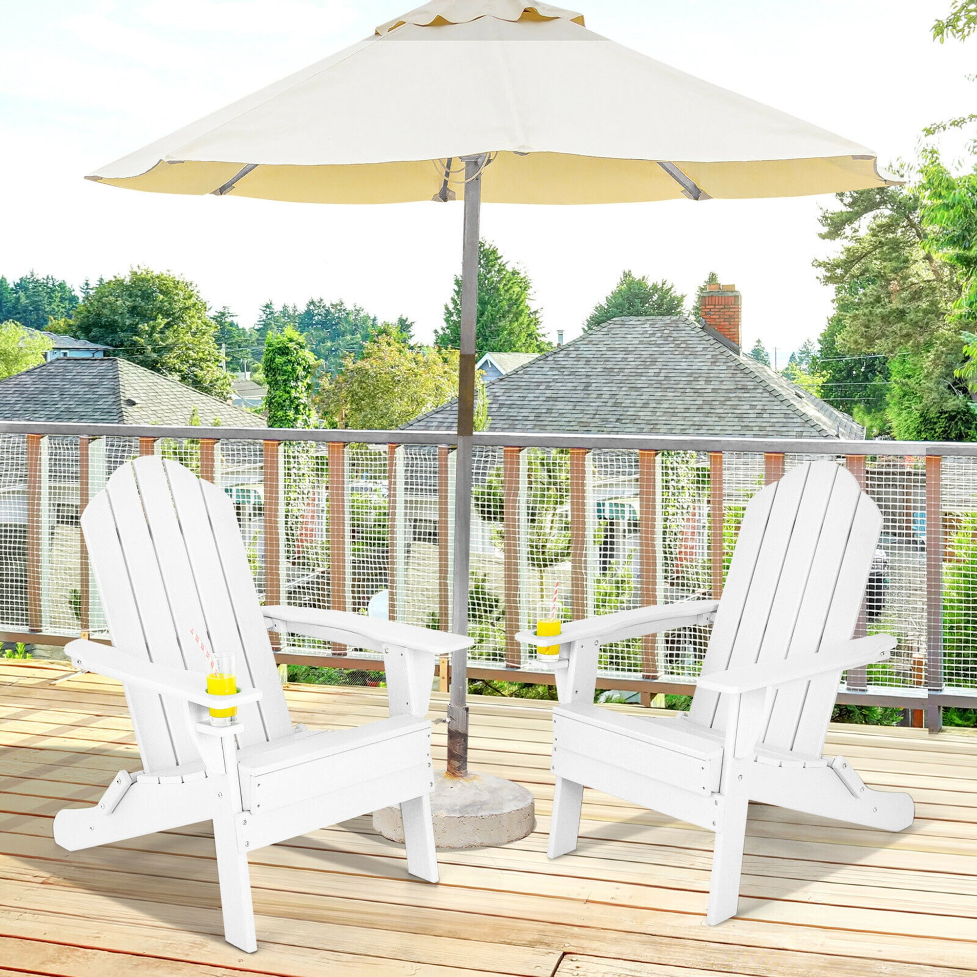 Gymax White 2PCS Patio Folding Adirondack Chair Weather Resistant Cup Holder Yard