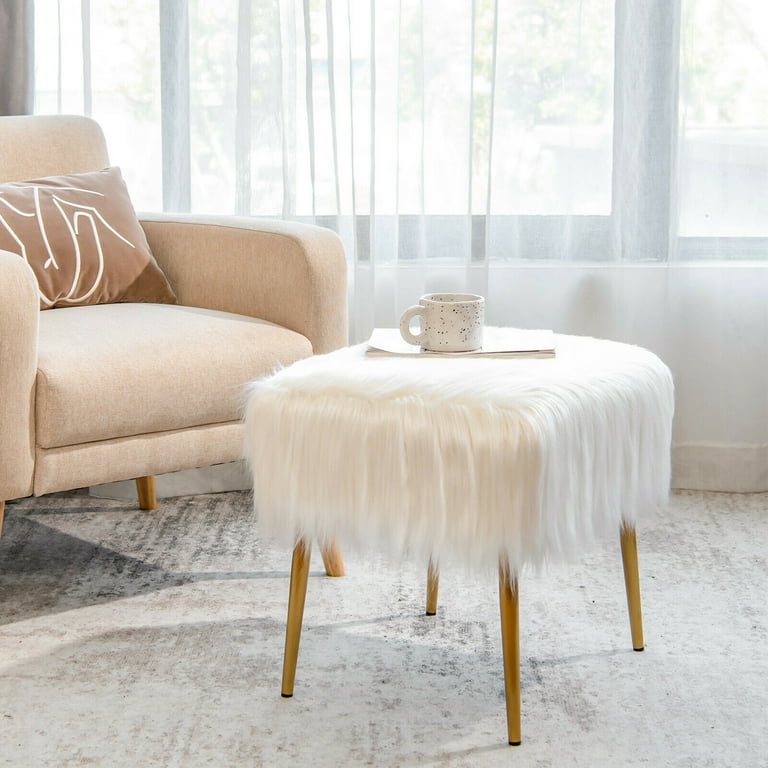Gymax White Faux Fur Vanity Stool Square Furry Ottoman w Golden Metal Legs Walmart