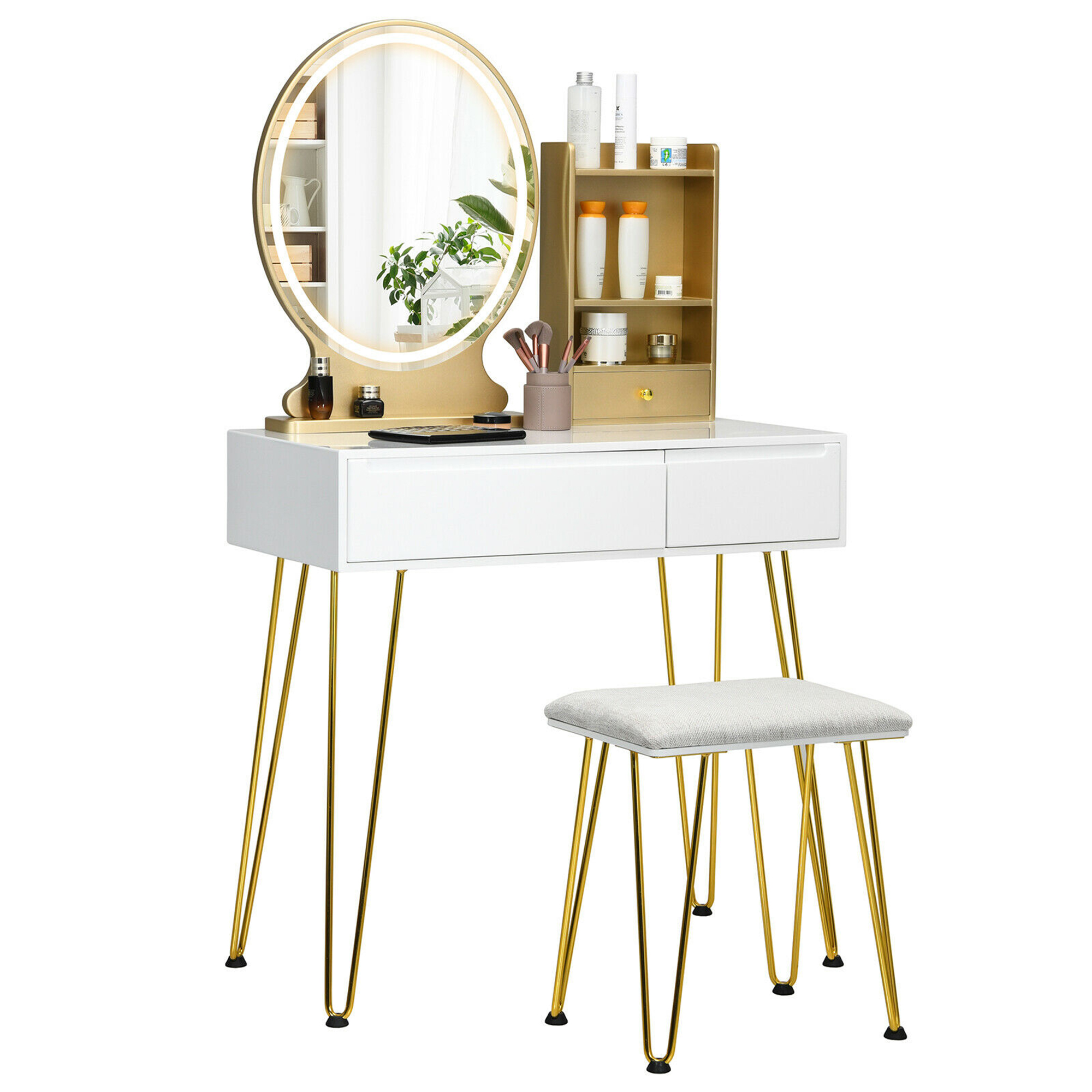 Gymax White Vanity Table Set Lighted Mirror Storage Drawer Shelf