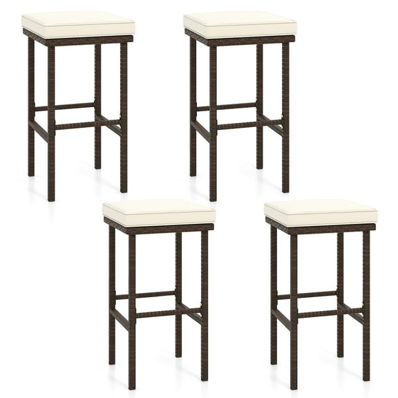 Gymax Wicker Bar Stools Set of 4 w/ Removable Seat Cushions Footrest Support 400 LBS