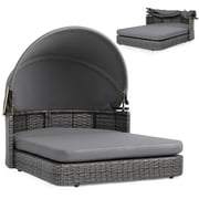 Gymax Wicker Dog House Outdoor w/Adjustable Canopy 2 Detachable Soft Cushions for Yard Mixed Gray