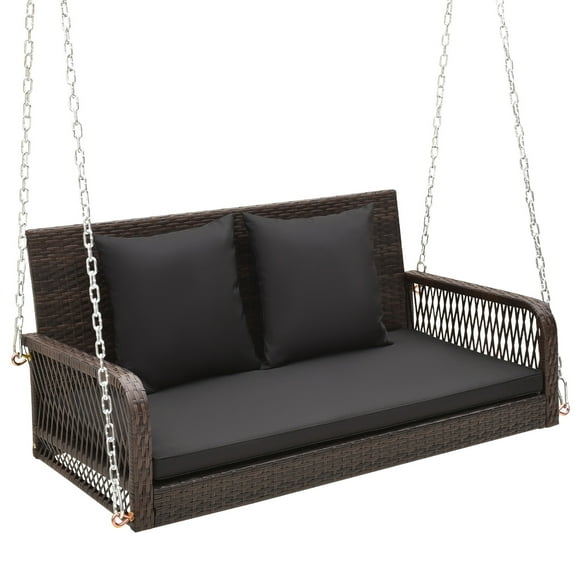 Gymax Wicker Outdoor Porch Swing 800 LBS Capacity Outdoor Swing Bench w/ Hanging Chains Black