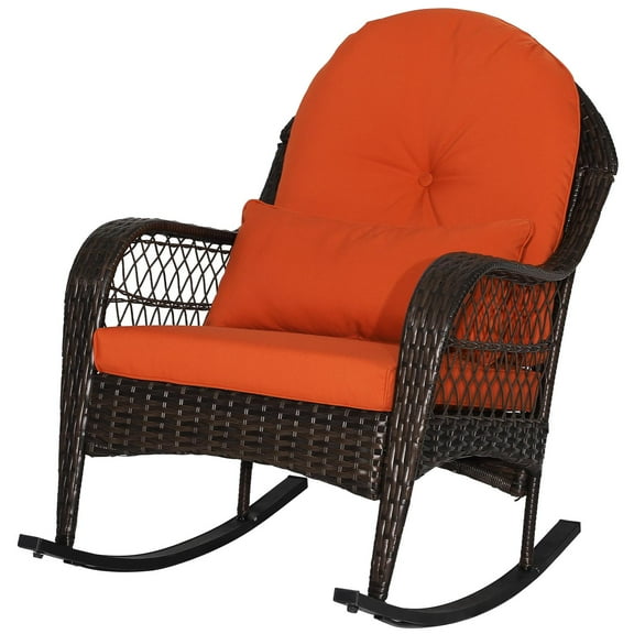 Gymax Wicker Rocking Chair w/ Orange Seat Back Cushions & Lumbar Pillow Balcony Patio