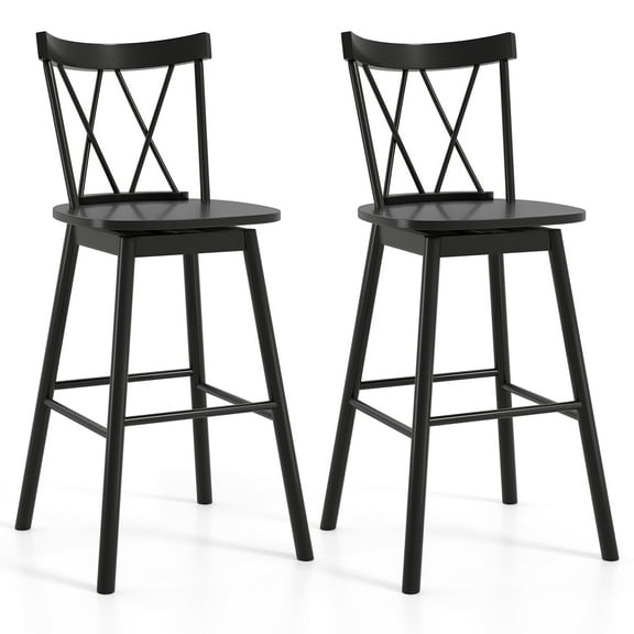 Gymax Windsor Bar Stool Set of 2 29'' Swivel Rubber Wood Dining Chairs Spacious Seat Black