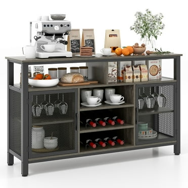 Gymax Wine Bar Cabinet 55-Inch Buffet Sideboard with 8-Bottle Wine Racks Gray