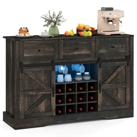 Gymax Wine Bar Cabinet w/LED Lights  Doors Coffee Station w/ Adjustable Shelves Racks Black