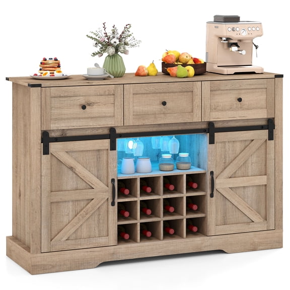Gymax Wine Bar Cabinet w/LED Lights & Doors Coffee Station w/ Adjustable Shelves Racks Gray