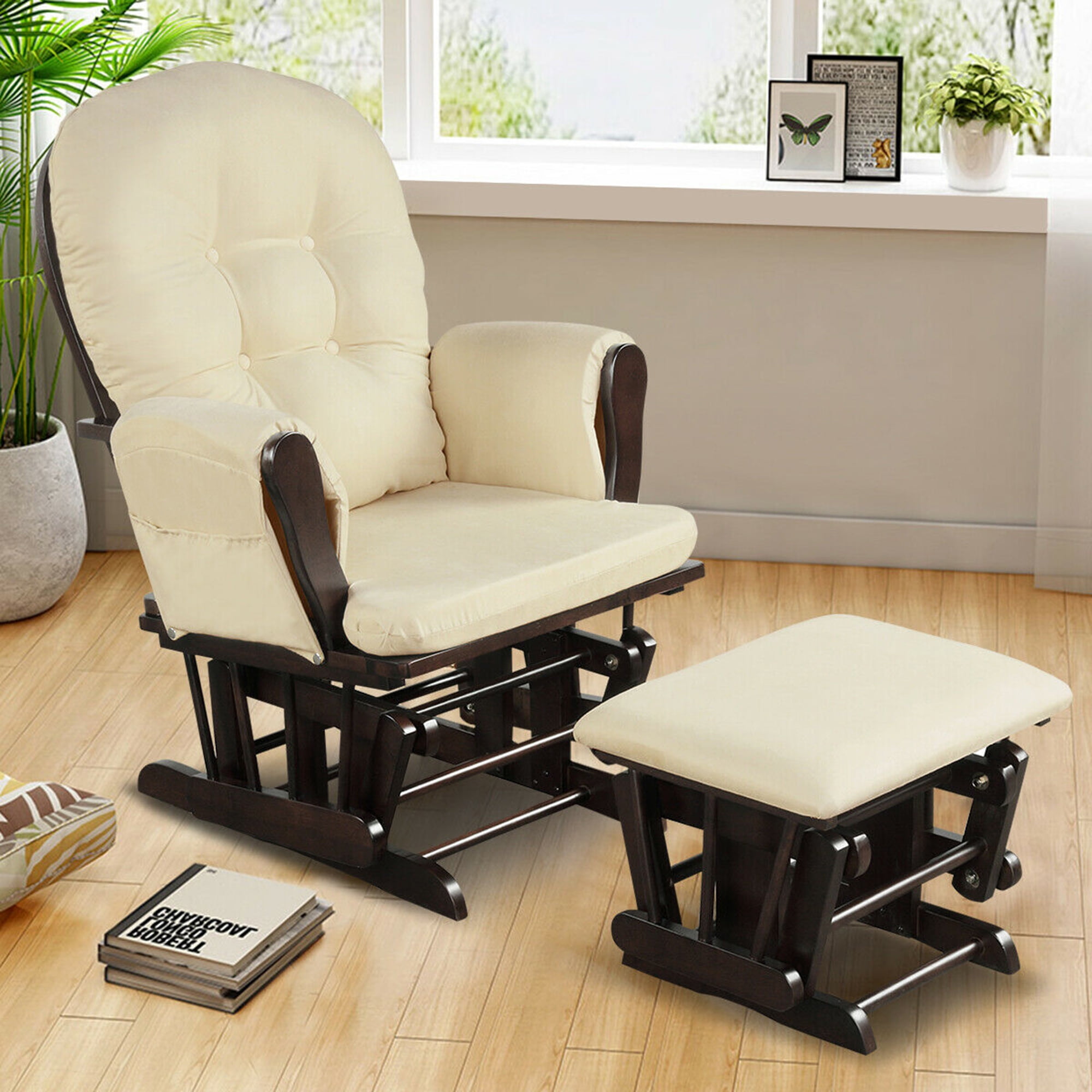 Gymax Wood Baby Nursery Rocking Chair Glider and Ottoman Cushion Set Espresso Finish with Beige Cushions