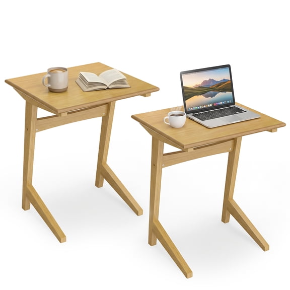 Gymax Wood Sofa Side Table Set of 2 w/Wood Veneered Top & Solid Rubber Wood Frame