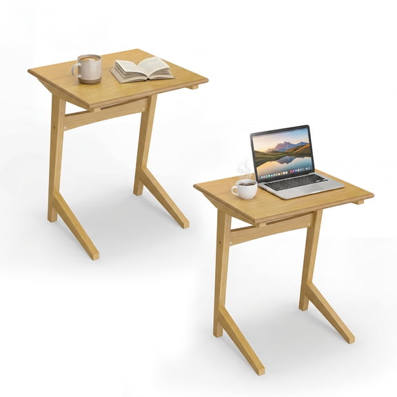 Gymax Wood Sofa Side Table Set of 2 w/Wood Veneered Top & Solid Rubber Wood Frame